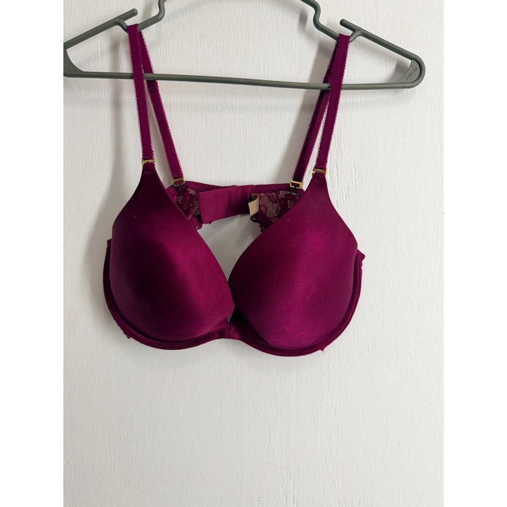 Victoria's Secret 36D Push-Up Bra Magenta Plum Lace Back Gold Hardware Wings
